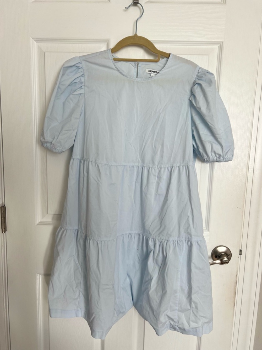 Express Light Blue Puff-Sleeve Tiered Dress